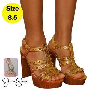 JESSICA SIMPSON Gold Goddess Metallic Studded Platform Heels (Size 8.5)